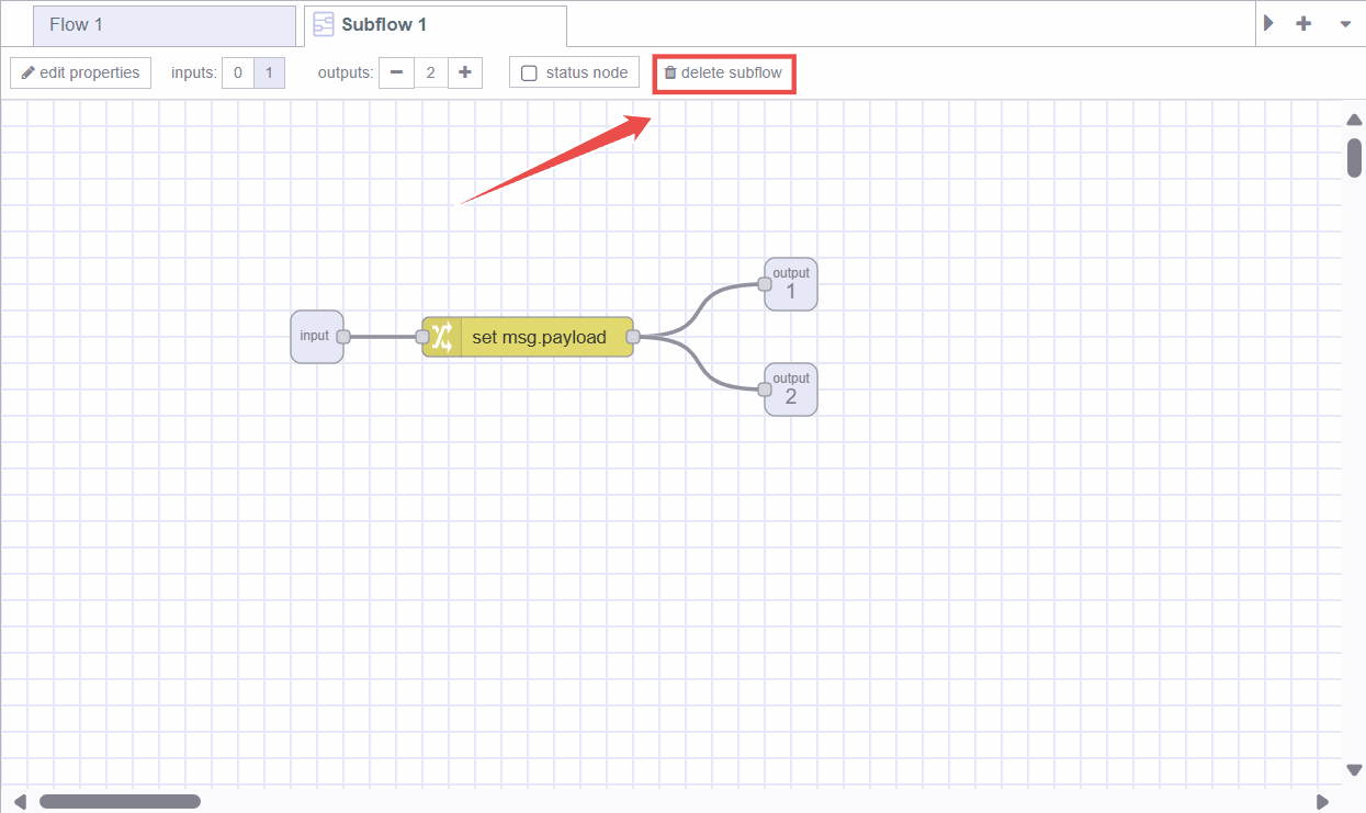 Image showing option to delete the subflow Image showing option to delete the subflow