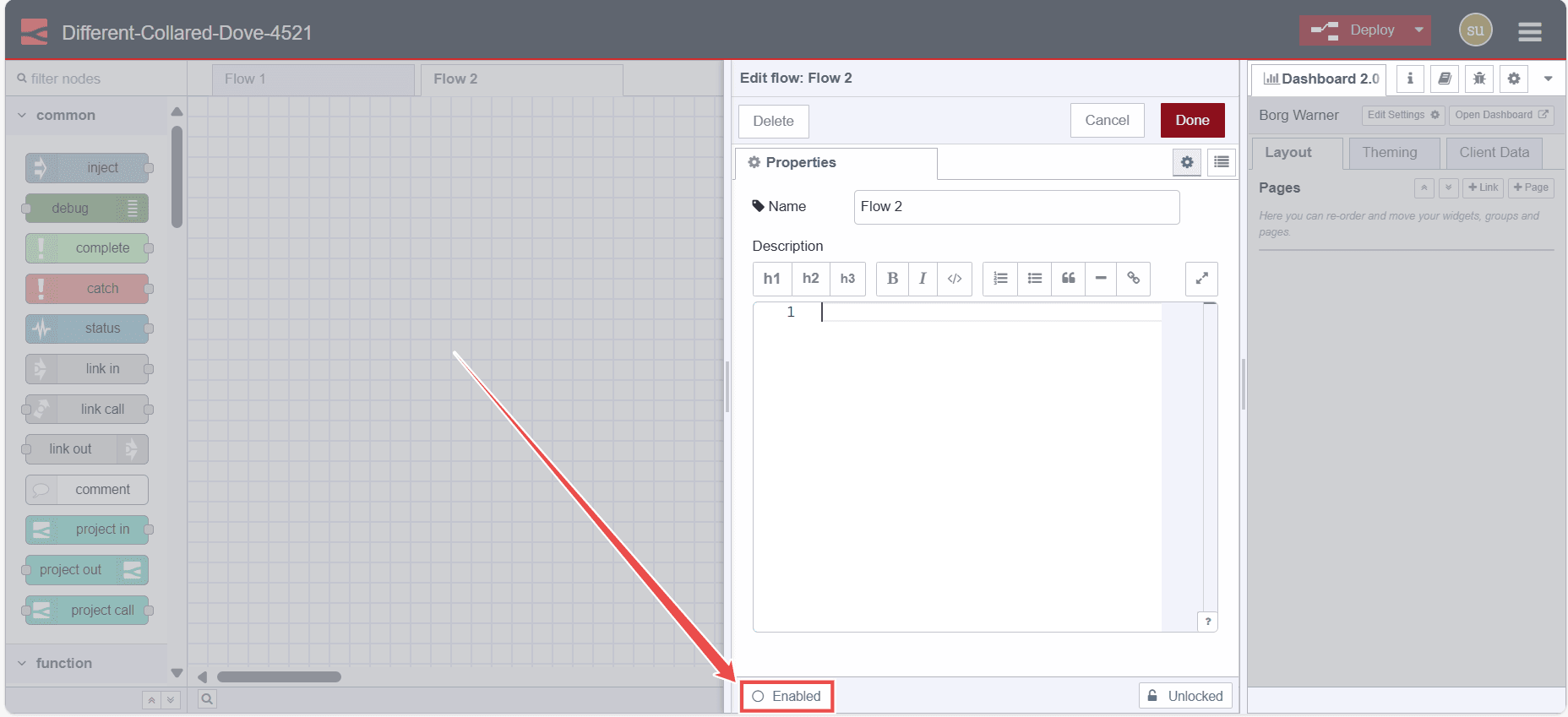 Image showing option to enable and disable flow in the edit dialog Image showing option to enable and disable flow in the edit dialog